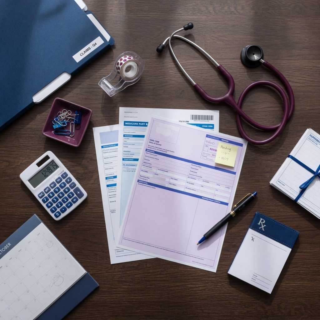 Medical billing desk with claim forms, stethoscope, and calculator